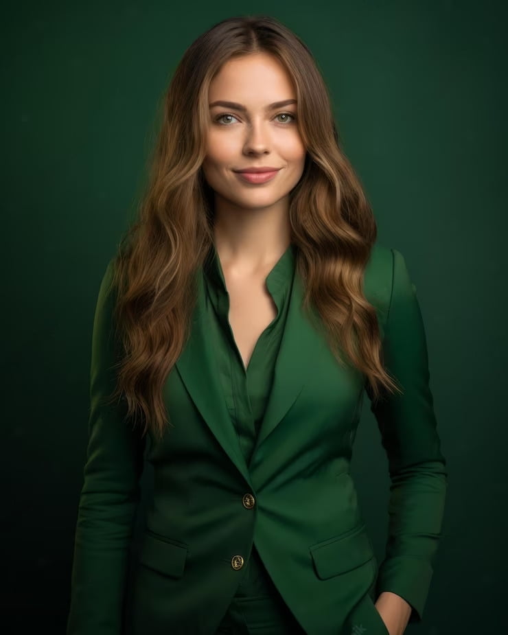 beautiful young woman green suit transformed