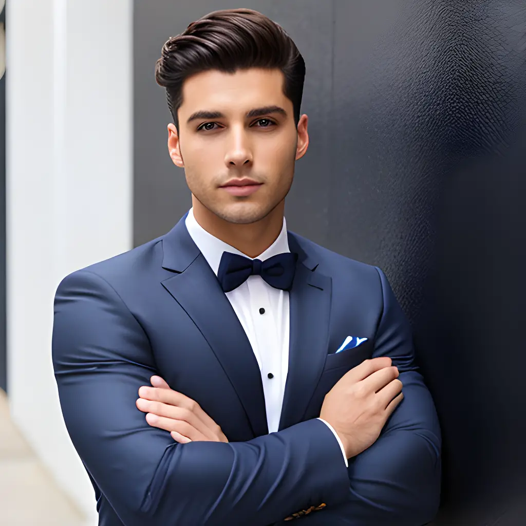 fashion stylish man dressed navy blue suit posing near white wall 1
