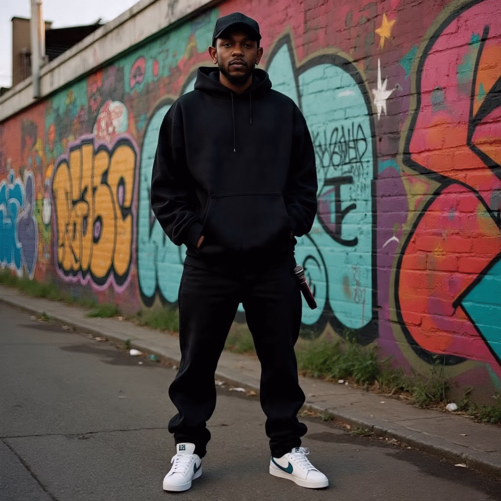 Kendrick Lamar walking confidently on a sidewalk, wearing a black hoodie layered under a blue denim jacket, slim black jeans, and white Nike Cortez sneakers, styled in a streetwear fashion look.
