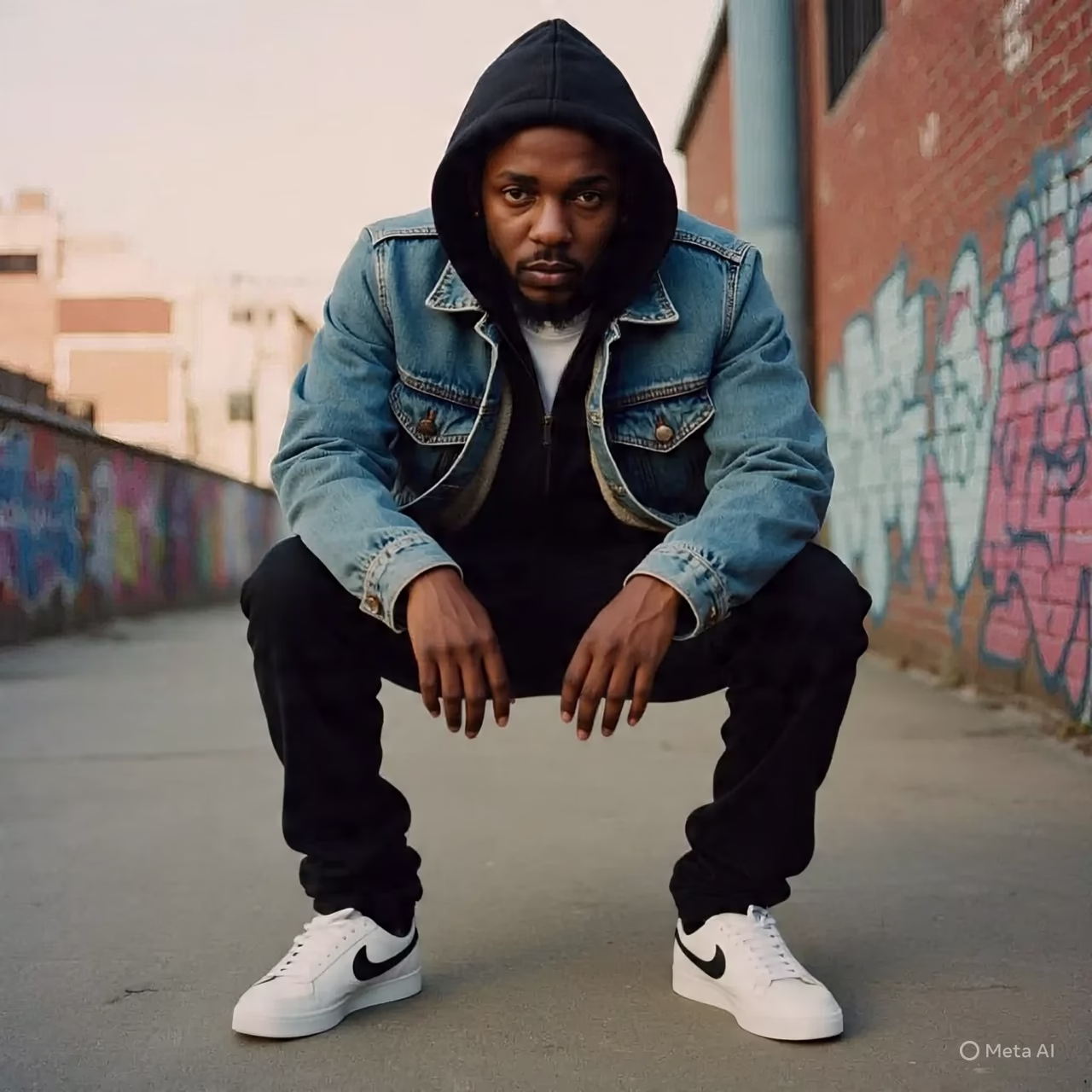 Kendrick Lamar in a classic streetwear outfit featuring a denim jacket, black hoodie, black jeans, and white Nike Cortez sneakers, photographed against an urban concrete wall.