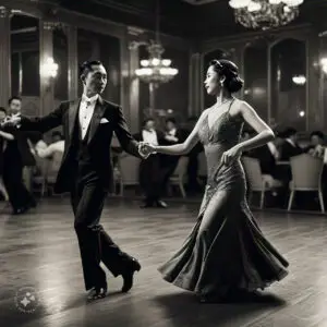 a black and white photo of a couple dancing at a vintage ballroom capturing the timeless romance of retro style