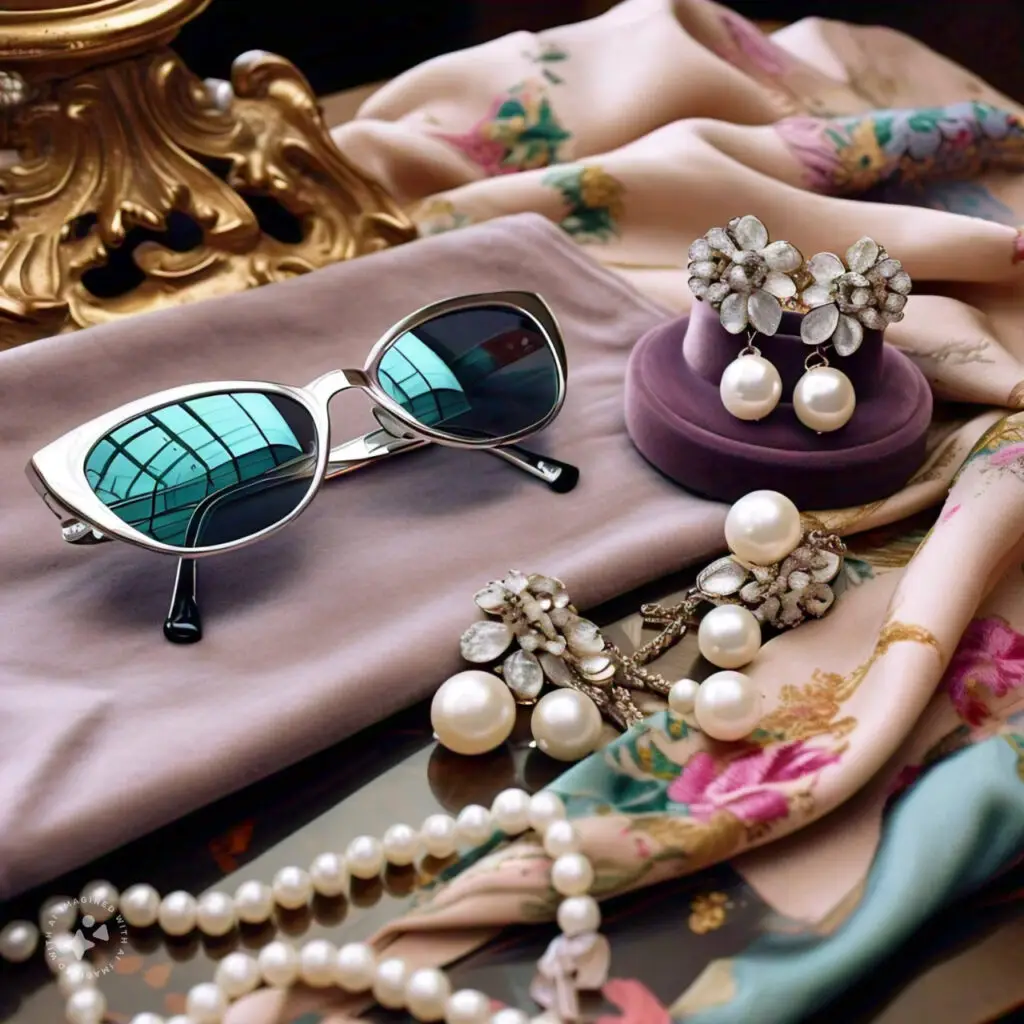 a collection of vintage accessories cat eye sunglasses statement earrings and a silk scarf arranged on a dressing table