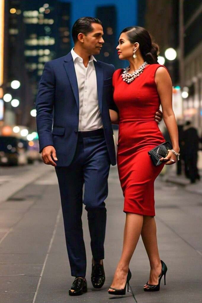 a couple dressed in retro glamour attire with the woman wearing a fitted pencil dress and bold accessories walking down a city street or at a romantic restaurant 1