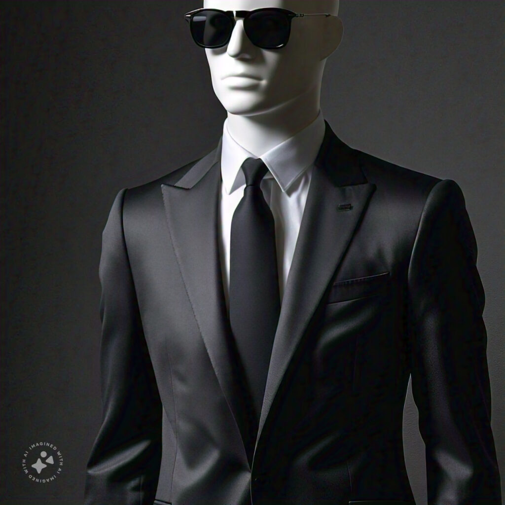 a detailed image of a sleek black suit on a mannequin paired with a crisp white shirt a plain black tie and dark sunglasses