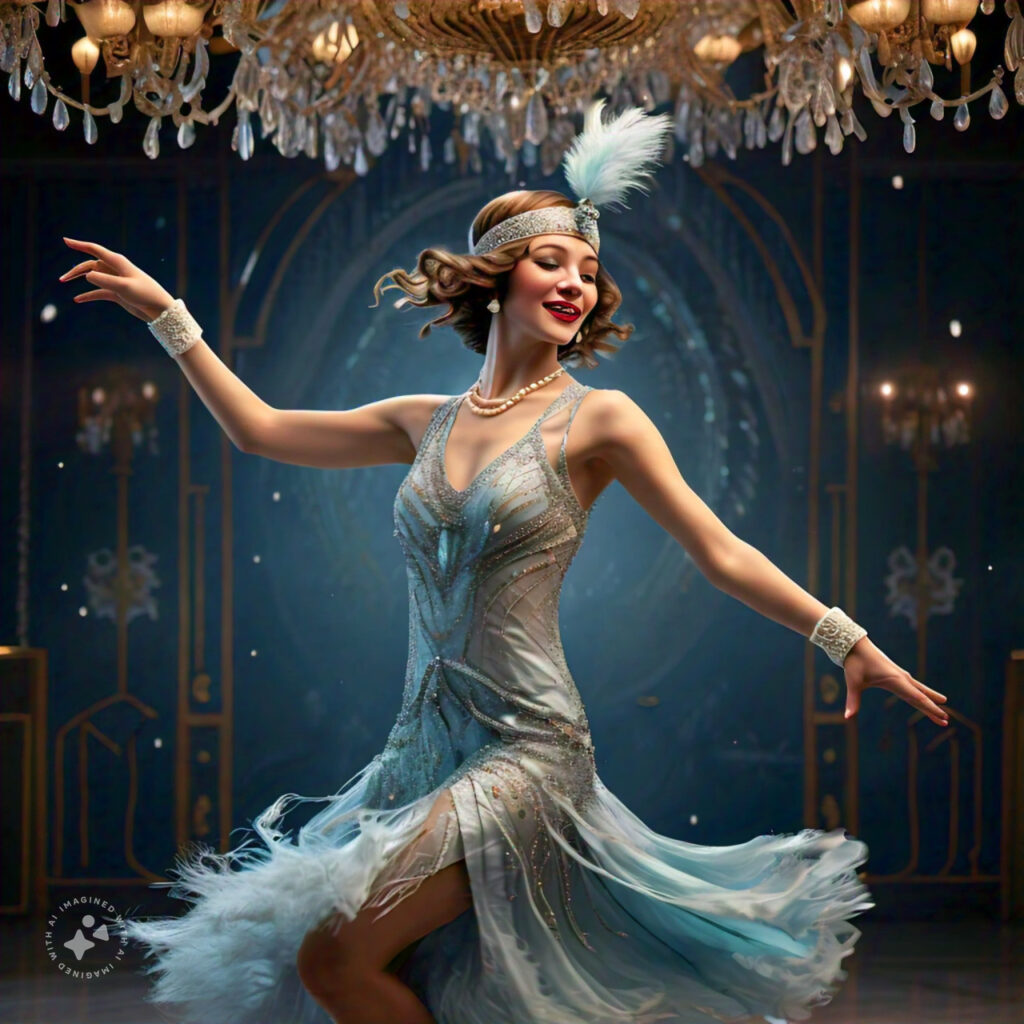 a glamorous woman in a 1920s flapper dress adorned with pearls and a feathered headband dancing the charleston under a sparkling chandelier