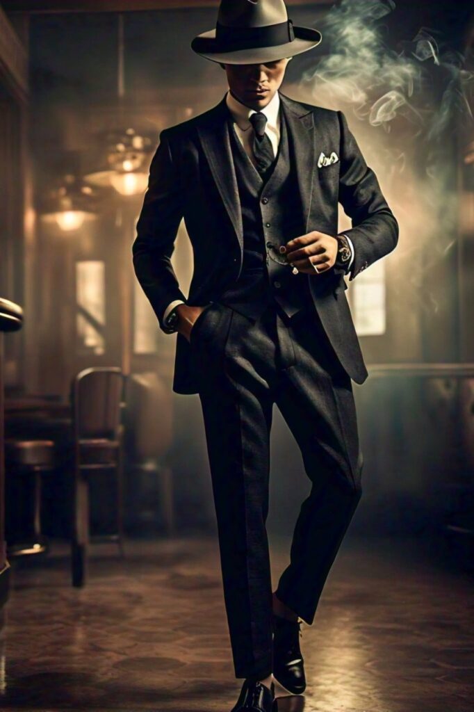 a man in a three piece suit with a fedora and pocket watch posing in an elegant 1920s inspired setting like an old jazz club or ballroom 1 1