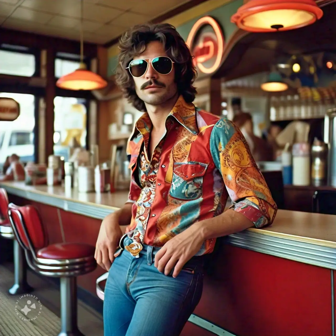 a man in flared jeans a patterned shirt with a wide collar and aviator sunglasses leaning on a vintage restaurant or sitting in a classic diner 1970s casual style