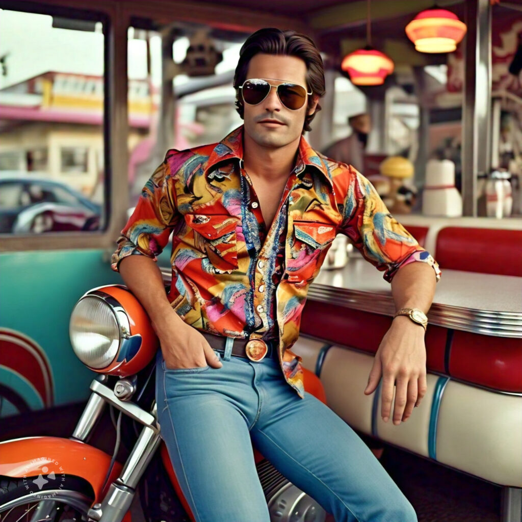 a man in flared jeans a patterned shirt with wide collars and aviator sunglasses he s leaning against a vintage motorcycle or hanging out at a retro diner giving off a strong 1970s vibe