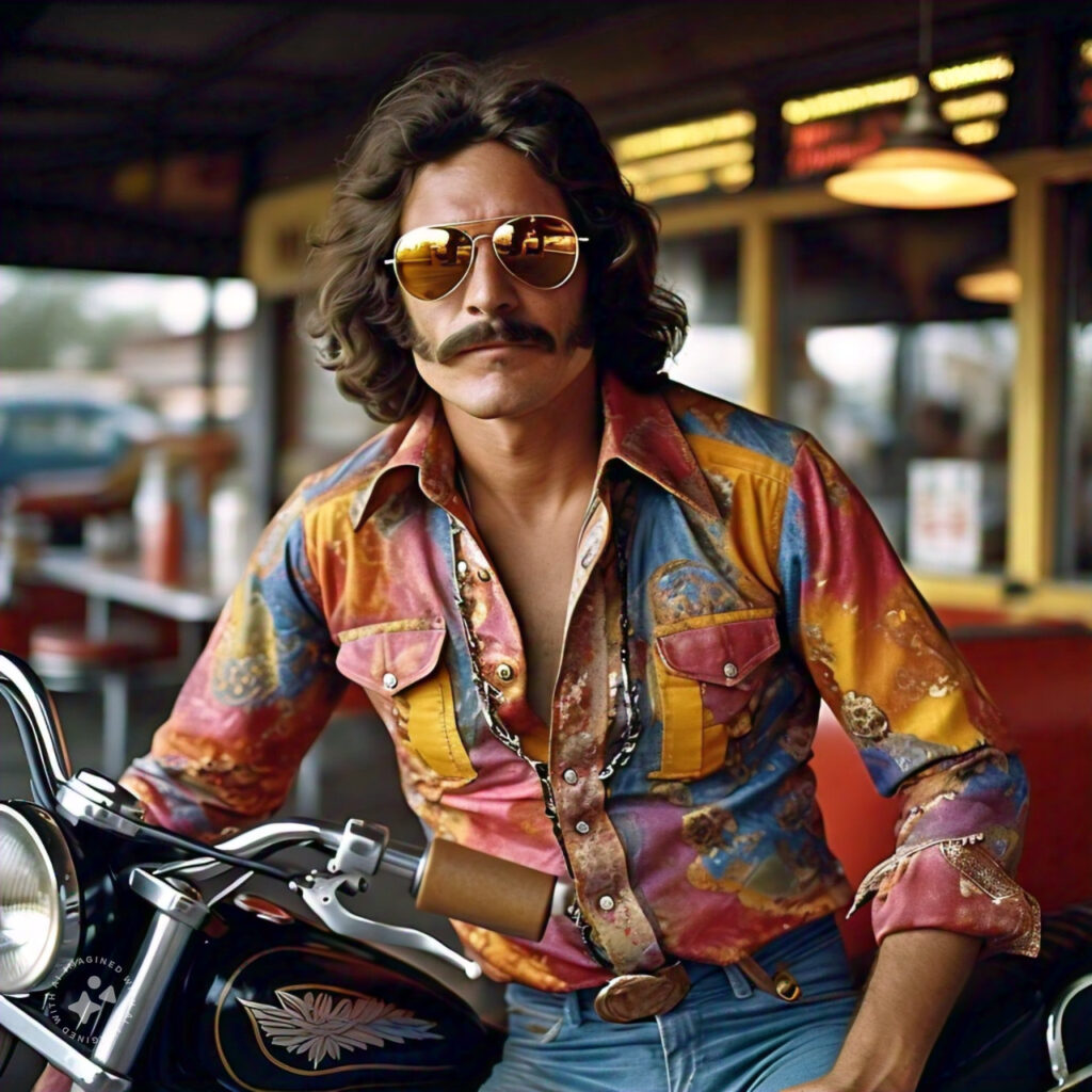 a man in flared jeans a patterned shirt with wide collars and aviator sunglasses he s leaning against a vintage motorcycle or hanging out at a retro diner giving off a strong 1970s vibe 2