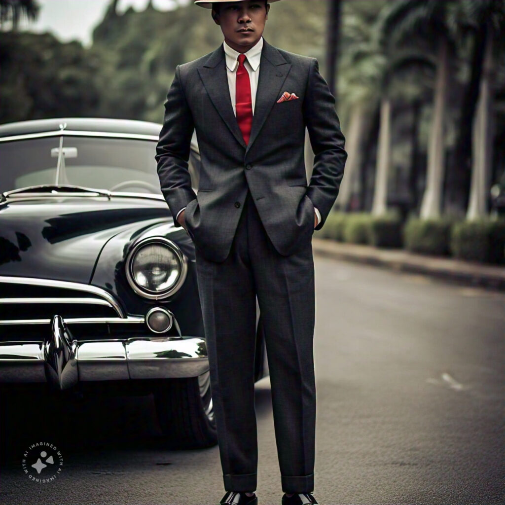 a man wearing a tailored suit with a narrow tie polished shoes and a fedora hat he stands beside a vintage car embodying the sharp dapper style of the 1950s 1