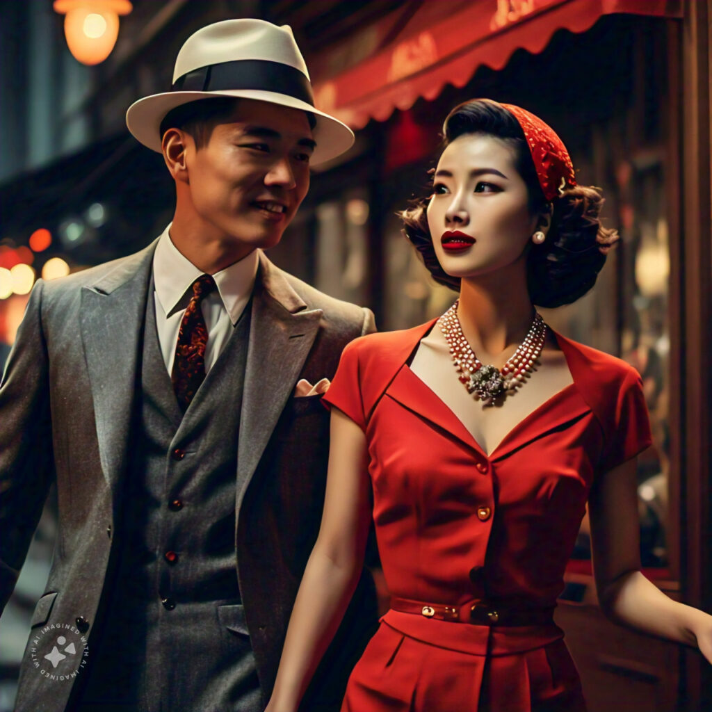 a couple dressed in retro glamour attire