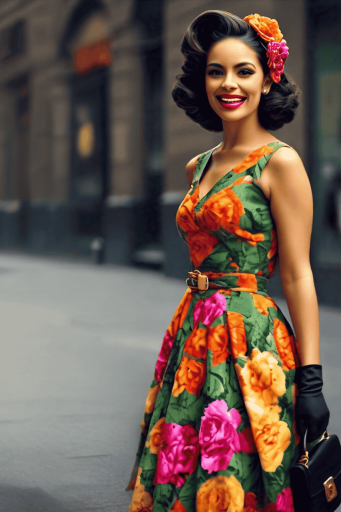 dressed in retro glamour attire with the woman wearing a fitted pencil dress