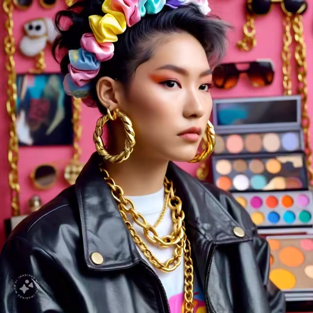 a close up of someone accessorizing their outfit with chunky gold jewelry and brightly colored scrun 1 png