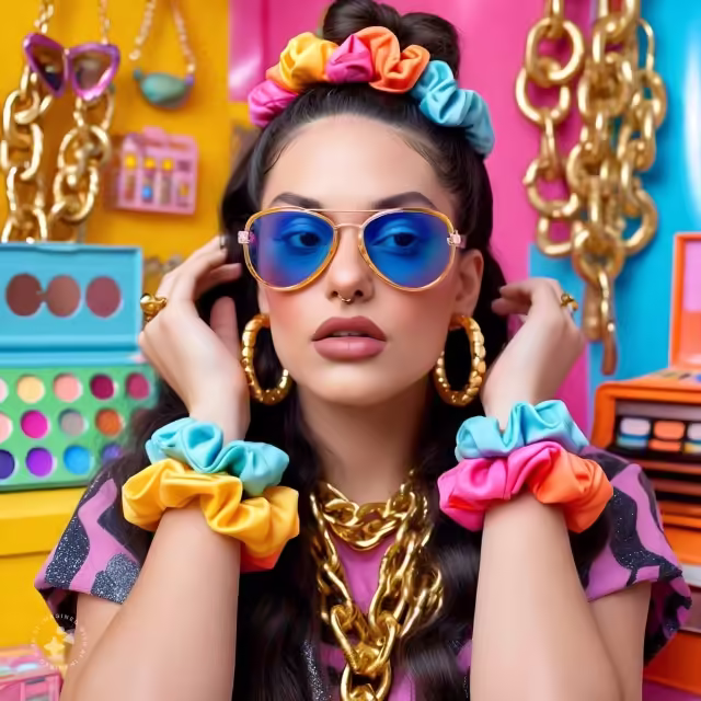 a close up of someone accessorizing their outfit with chunky gold jewelry and brightly colored scrun 2 png