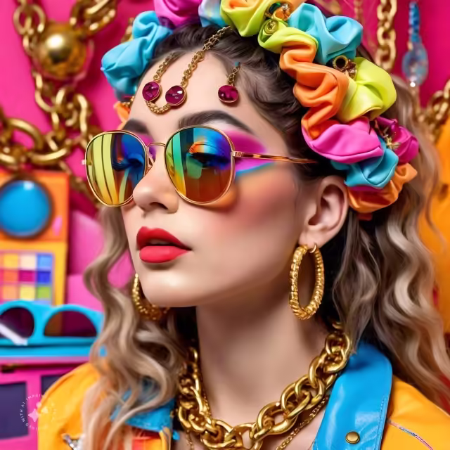 a close up of someone accessorizing their outfit with chunky gold jewelry and brightly colored scrun png