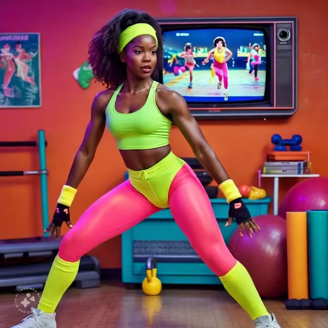 a woman dressed in neon spandex workout gear including leggings and leg warmers she could be exercising in front of a tv showing an 80s style jpg