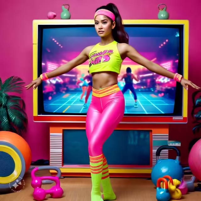 a woman dressed in neon spandex workout gear including leggings a crop top and leg warmers she could be exercising in front of a tv showing an 80s style jpg