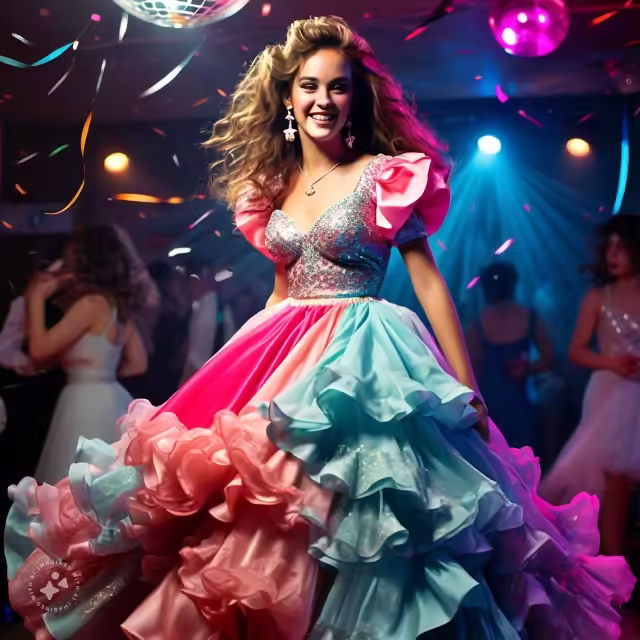 a young woman at a prom wearing a dramatic 80s style prom dress with a voluminous tulle skirt bold c jpg