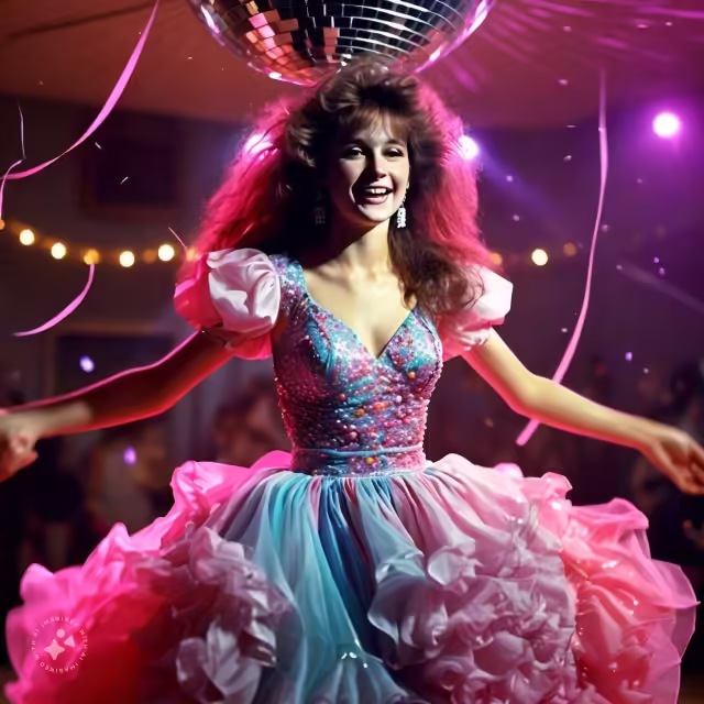 a young woman at a prom wearing a dramatic 80s style prom dress with a voluminous tulle skirt bold c 1 jpg