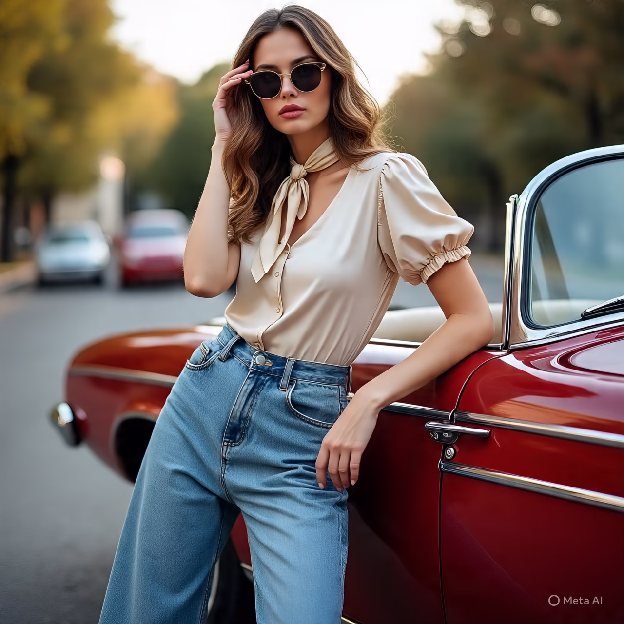 casual chic woman in high waisted wide leg jeans and 1