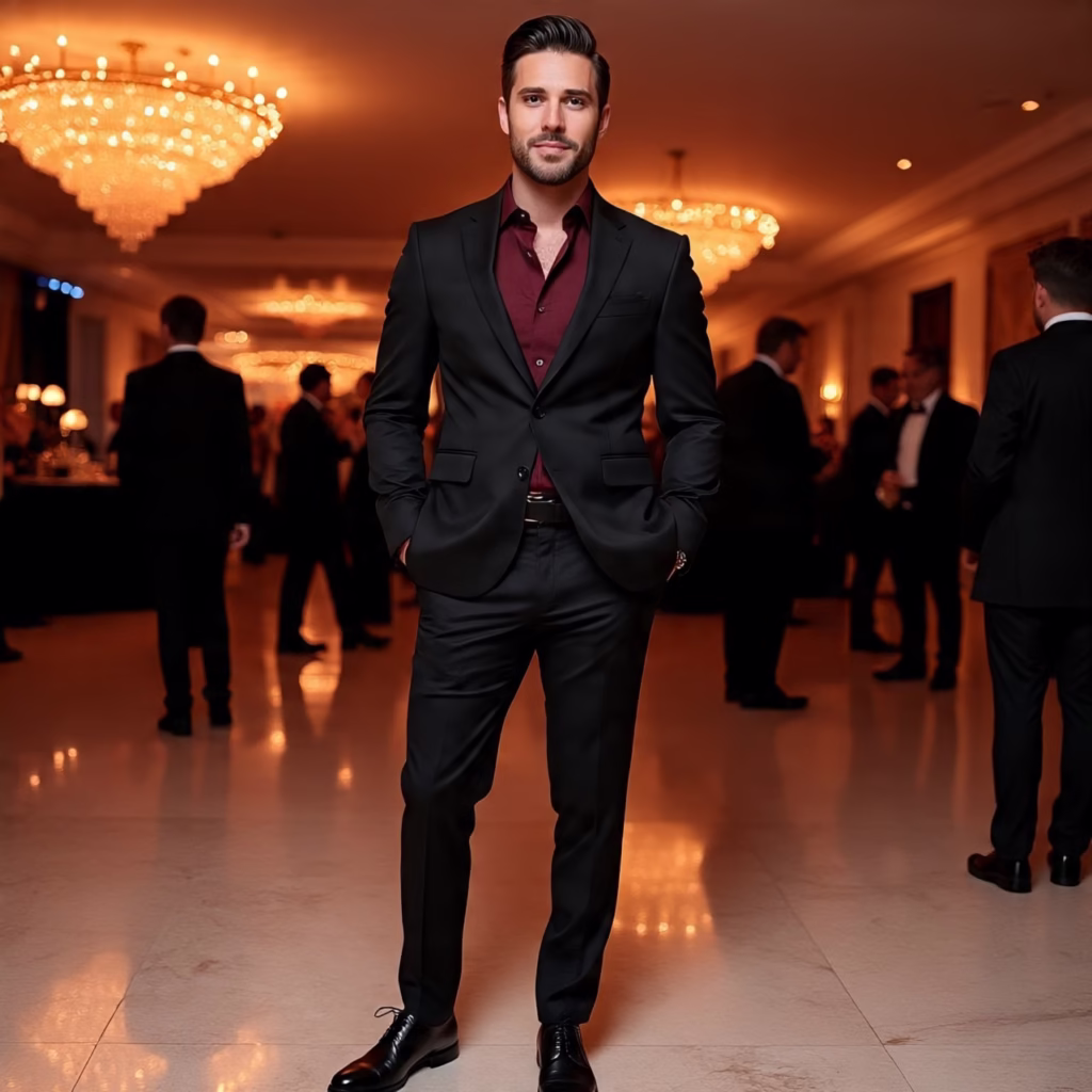 A confident man wearing a slim fit black suit with a deep red shirt underneath, no tie, sleek hairstyle, and black leather shoes, posing at a glamorous evening party.