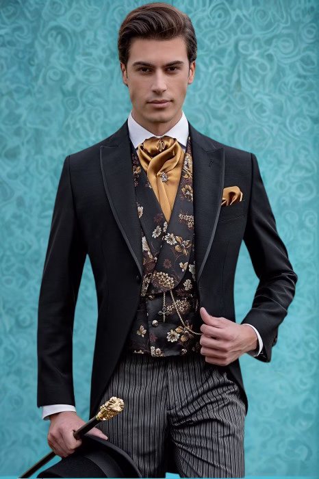 A vintage-inspired man in a Victorian-style suit with a high-buttoned vest, long coat, and ornate details, photographed in a historic European interior