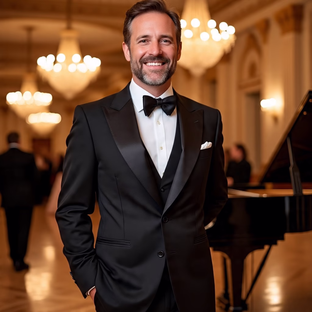 A man wore a single breasted tuxedo