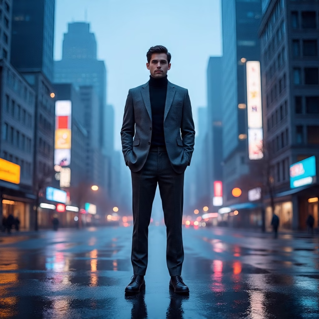 A minimalist man wearing a fitted black turtleneck under a tailored dark grey suit, paired with Chelsea boots