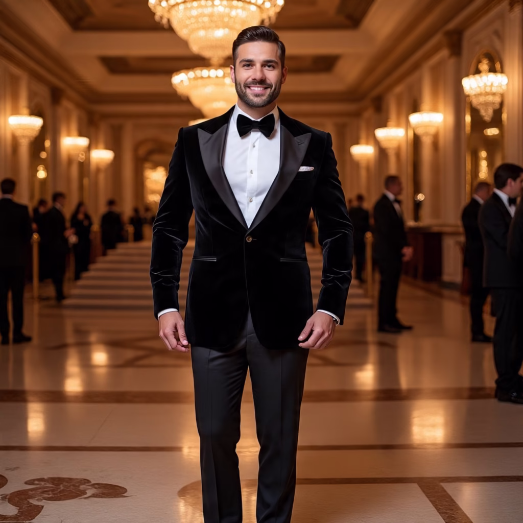 man wearing a slim fit single-breasted tuxedo with velvet lapels, metallic button details, and polished patent leather shoes, standing in a glamorous black-tie event setting