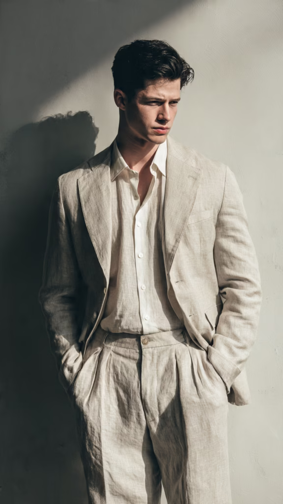 a model wearing an unstructured beige or 1