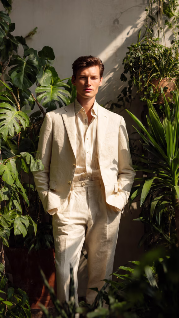 eco friendly men s formalwear model in light olive